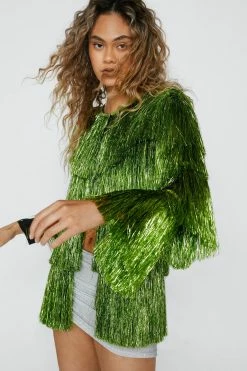Longline Tinsel Fringe Jacket -Nasty Gal Sales Store Sales womens green longline tinsel fringe jacket 1