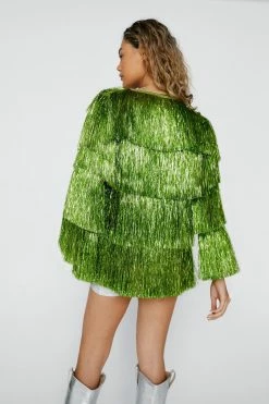 Longline Tinsel Fringe Jacket -Nasty Gal Sales Store Sales womens green longline tinsel fringe jacket 2