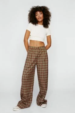 Pleat Front Check Wide Leg Pants