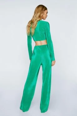 Plisse Wide Leg Pants -Nasty Gal Sales Store Sales womens green plisse wide leg pants 2