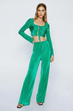 Plisse Wide Leg Pants -Nasty Gal Sales Store Sales womens green plisse wide leg pants 3