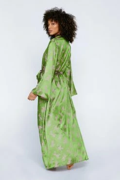 Nasty Gal Sales Store Sales -Nasty Gal Sales Store Sales womens green premium satin floral jacquard reversible maxi robe 1