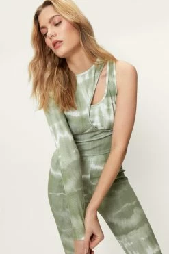 Rib Tie Dye Cut Out Long Sleeve Top -Nasty Gal Sales Store Sales womens green rib tie dye cut out long sleeve top 3