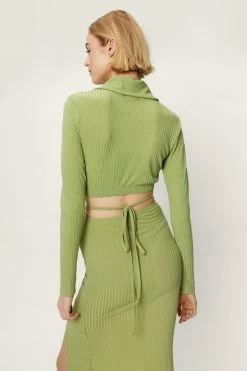 Ribbed Quarter Zip Cropped Top -Nasty Gal Sales Store Sales womens green ribbed quarter zip cropped top 2