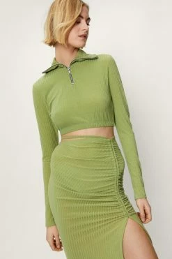 Ribbed Quarter Zip Cropped Top -Nasty Gal Sales Store Sales womens green ribbed quarter zip cropped top 3