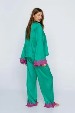 Alternative view of Satin Contrast Lace Trim Pajama Shirt And Pants Set