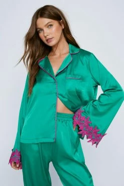 Satin Contrast Lace Trim Pajama Shirt And Pants Set