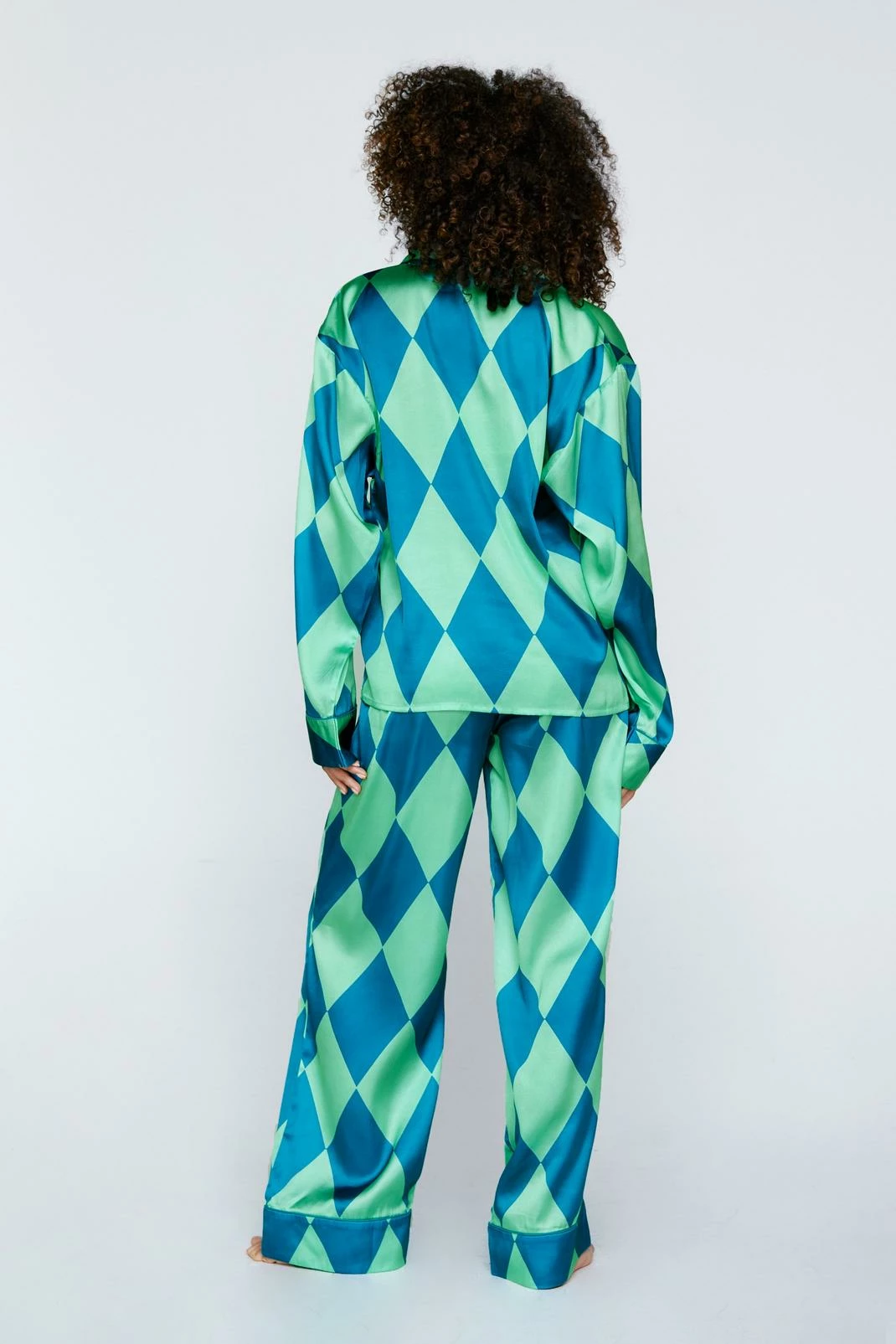 Satin Diamond Plaid Pajama Shirt And Pants Set 2 Satin Diamond Plaid Pajama Shirt And Pants Set - Image 2