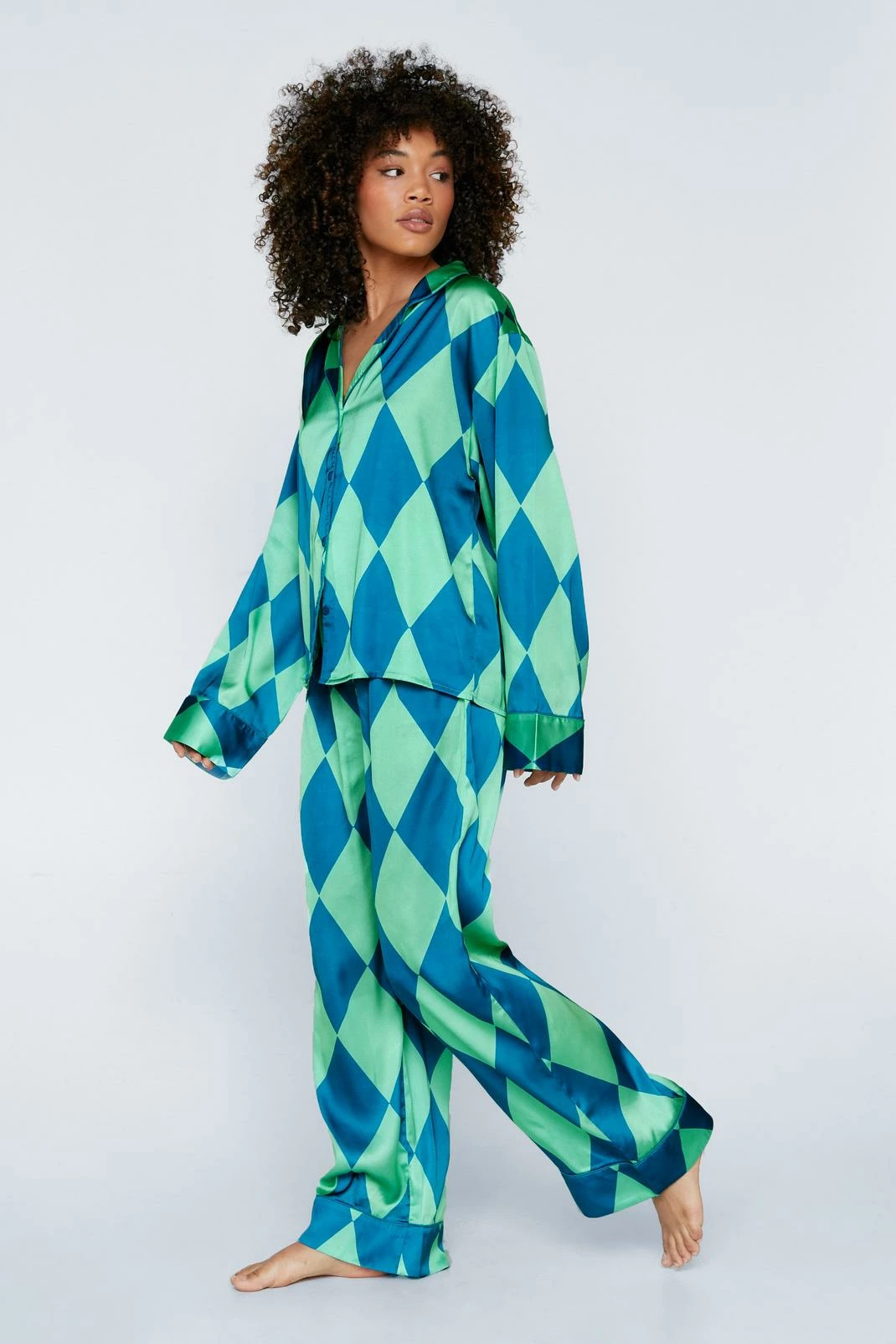 Satin Diamond Plaid Pajama Shirt And Pants Set 3 Satin Diamond Plaid Pajama Shirt And Pants Set - Image 3