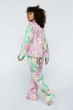 Alternative view of Satin Floral Print Colorblock Pajama Pants Set