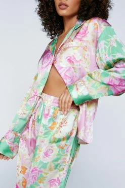 Satin Floral Print Colorblock Pajama Pants Set