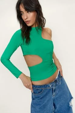 Slinky Cut Out Long Sleeve Top -Nasty Gal Sales Store Sales womens green slinky cut out long sleeve top 5