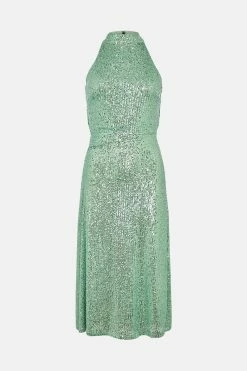 Warehouse Sequin Halter Drape Back Midi Dress -Nasty Gal Sales Store Sales womens green warehouse sequin halter drape back midi dress 2