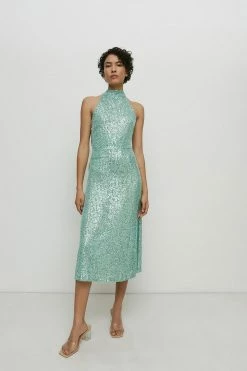 Warehouse Sequin Halter Drape Back Midi Dress