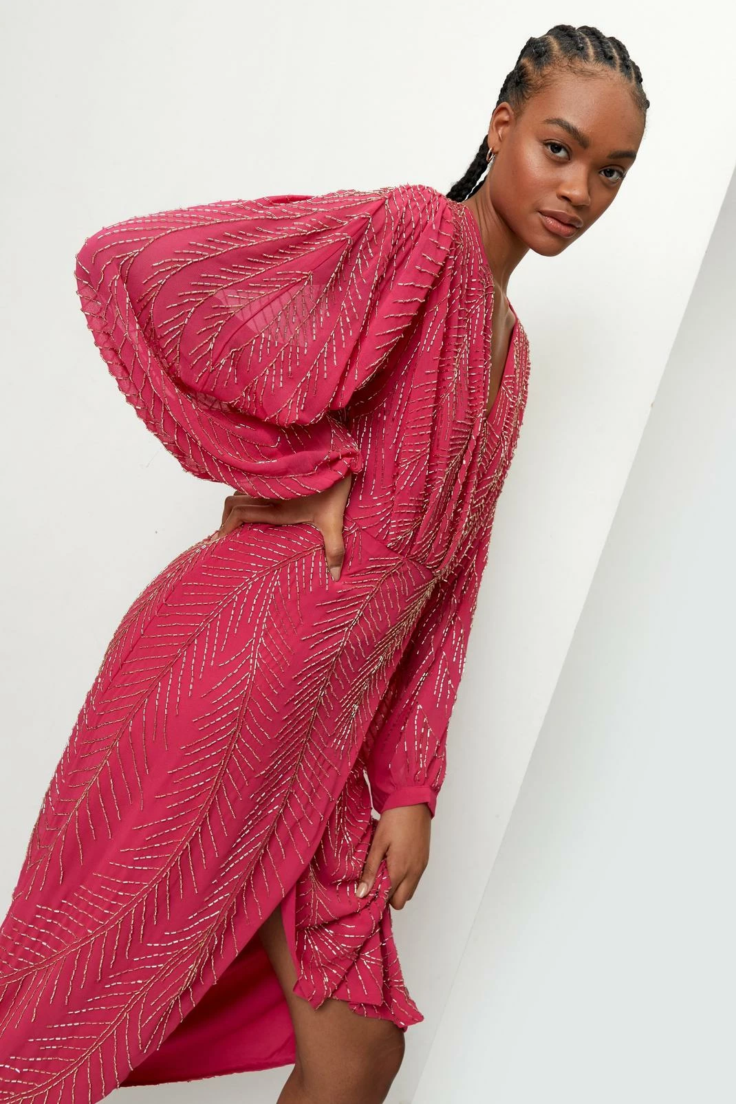 Beaded Wrap Front Plunging Midi Dress 5 Beaded Wrap Front Plunging Midi Dress - Image 5