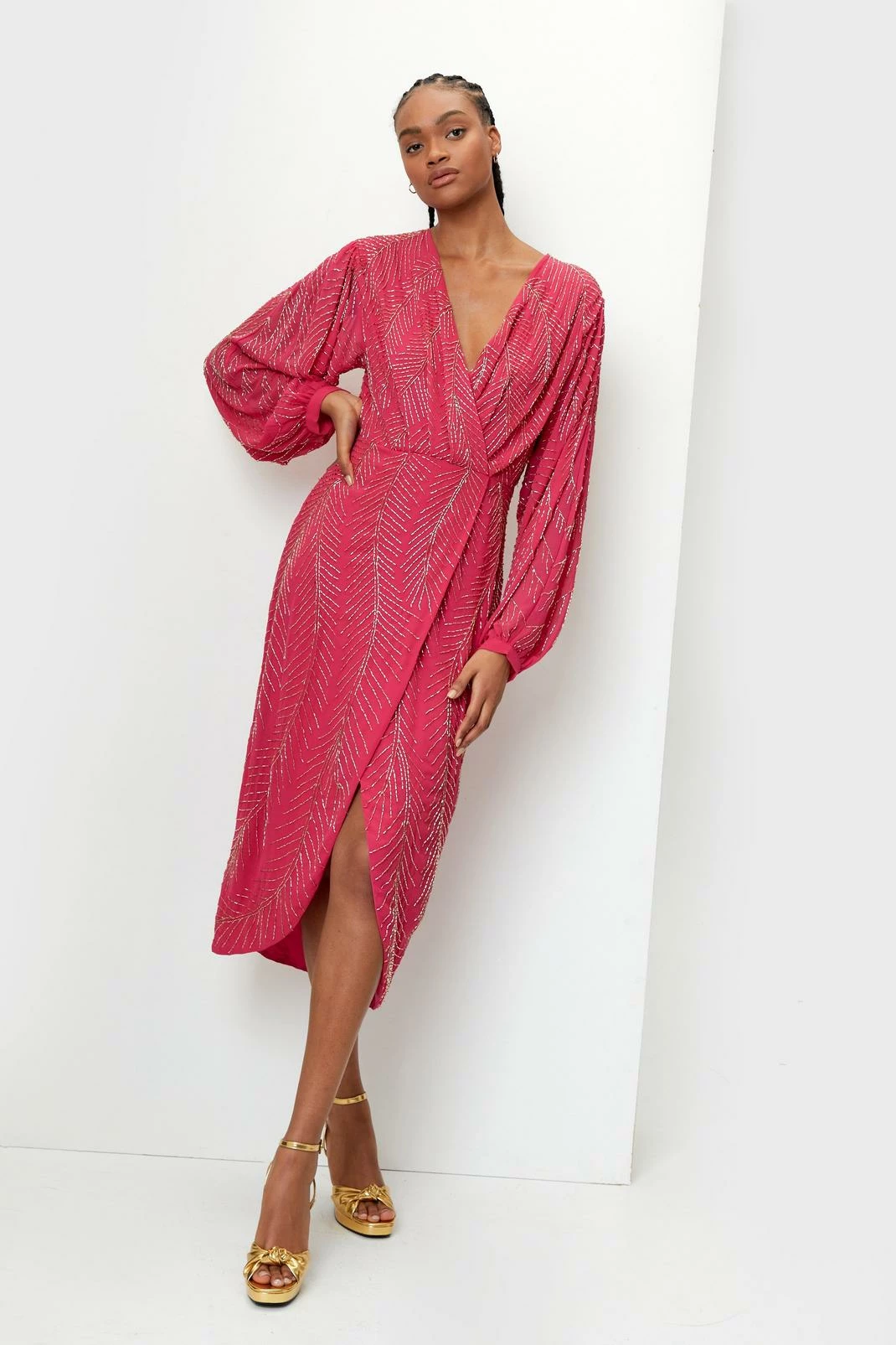 Beaded Wrap Front Plunging Midi Dress 4 Beaded Wrap Front Plunging Midi Dress - Image 4