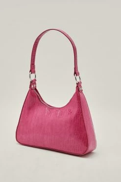 Faux Leather Croc Structured Shoulder Bag