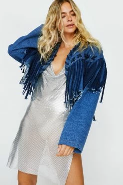Premium Lattice Fringe Denim Cropped Jacket