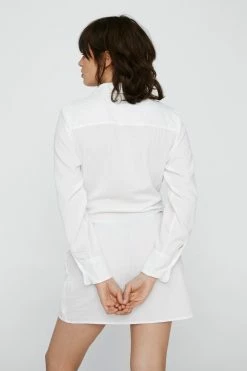 Petite Knot Front V Neck Mini Shirt Dress -Nasty Gal Sales Store Sales womens ivory petite knot front v neck mini shirt dress 2