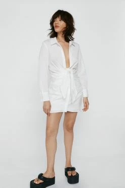 Petite Knot Front V Neck Mini Shirt Dress