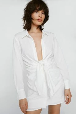 Petite Knot Front V Neck Mini Shirt Dress -Nasty Gal Sales Store Sales womens ivory petite knot front v neck mini shirt dress 3