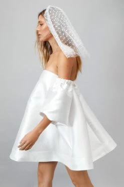 Structured Bardot Puff Sleeve Mini Prom Dress