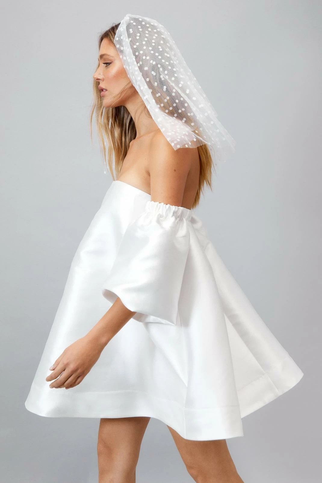 Structured Bardot Puff Sleeve Mini Prom Dress 1 Structured Bardot Puff Sleeve Mini Prom Dress