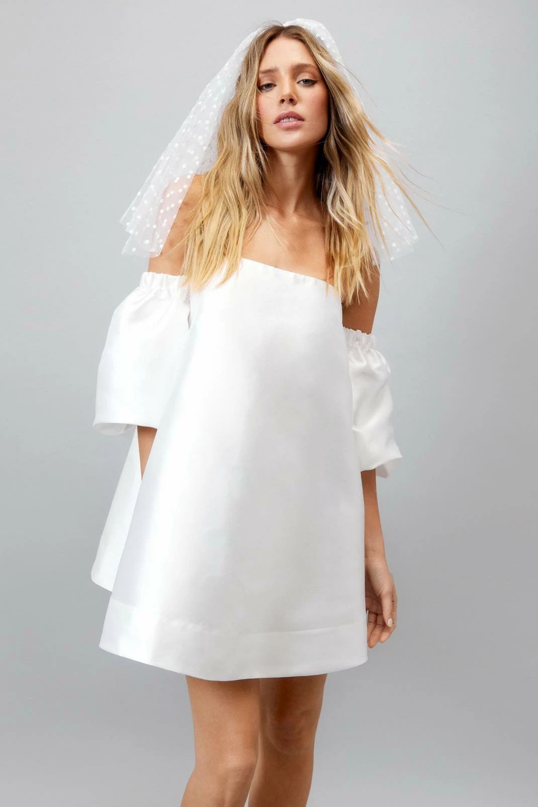 Structured Bardot Puff Sleeve Mini Prom Dress 2 Structured Bardot Puff Sleeve Mini Prom Dress - Image 2