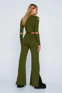 Knitted Flare Two Piece Set Pants -Nasty Gal Sales Store Sales womens khaki knitted flare two piece set pants 2