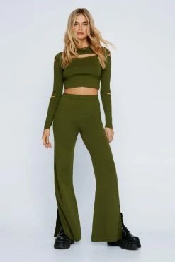 Knitted Flare Two Piece Set Pants -Nasty Gal Sales Store Sales womens khaki knitted flare two piece set pants 3