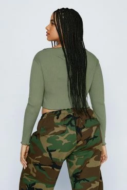 Plus Size Lettuce Edge Tie Detail Long Sleeve Top -Nasty Gal Sales Store Sales womens khaki plus size lettuce edge tie detail long sleeve top 2