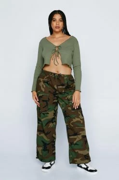 Plus Size Lettuce Edge Tie Detail Long Sleeve Top