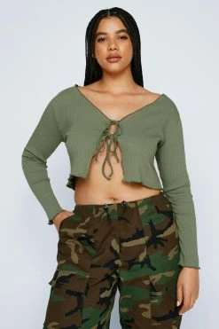 Plus Size Lettuce Edge Tie Detail Long Sleeve Top -Nasty Gal Sales Store Sales womens khaki plus size lettuce edge tie detail long sleeve top 3