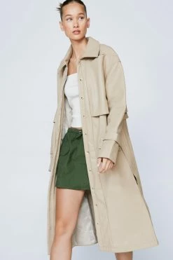 Pocket Detail Faux Leather Trench Coat -Nasty Gal Sales Store Sales womens light20stone pocket detail faux leather trench coat 3
