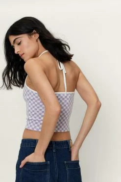 Check Jacquard Halterneck Crop Top -Nasty Gal Sales Store Sales womens lilac check jacquard halterneck crop top 2
