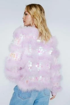 Real Feather Collar Sequin Jacket 9 Real Feather Collar Sequin Jacket -Nasty Gal Sales Store Sales womens lilac real feather collar sequin jacket 2