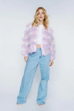 Real Feather Collar Sequin Jacket