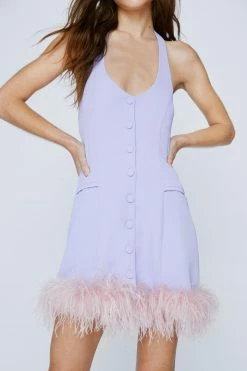 Tailored Fur Trim Halter Neck Dress -Nasty Gal Sales Store Sales womens lilac tailored fur trim halter neck dress 1