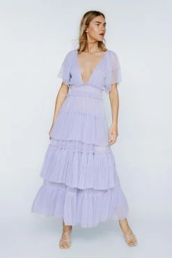 Tulle Tiered Plunge Maxi Dress -Nasty Gal Sales Store Sales womens lilac tulle tiered plunge maxi dress 1 1