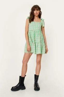 Gingham Tie Strap Mini Smock Dress