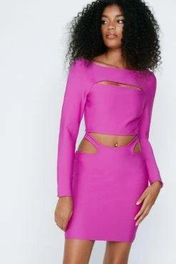 Bandage Cut Out Long Sleeve Mini Dress -Nasty Gal Sales Store Sales womens magenta bandage cut out long sleeve mini dress 4