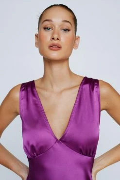 Petite Satin V Neck Mini Dress 11 Petite Satin V Neck Mini Dress -Nasty Gal Sales Store Sales womens magenta petite satin v neck mini dress 1