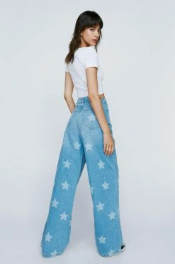 Star Print Wide Leg Denim Jeans -Nasty Gal Sales Store Sales womens mid20blue star print wide leg denim jeans 2