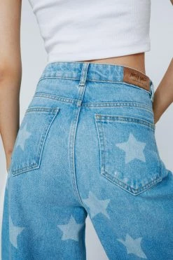 Star Print Wide Leg Denim Jeans