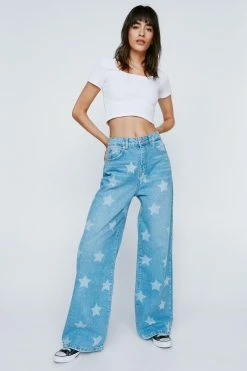 Star Print Wide Leg Denim Jeans -Nasty Gal Sales Store Sales womens mid20blue star print wide leg denim jeans 3