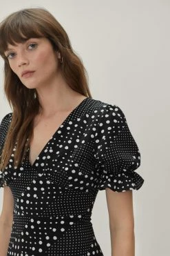 Mixed Spot Print Fitted Midi Dress