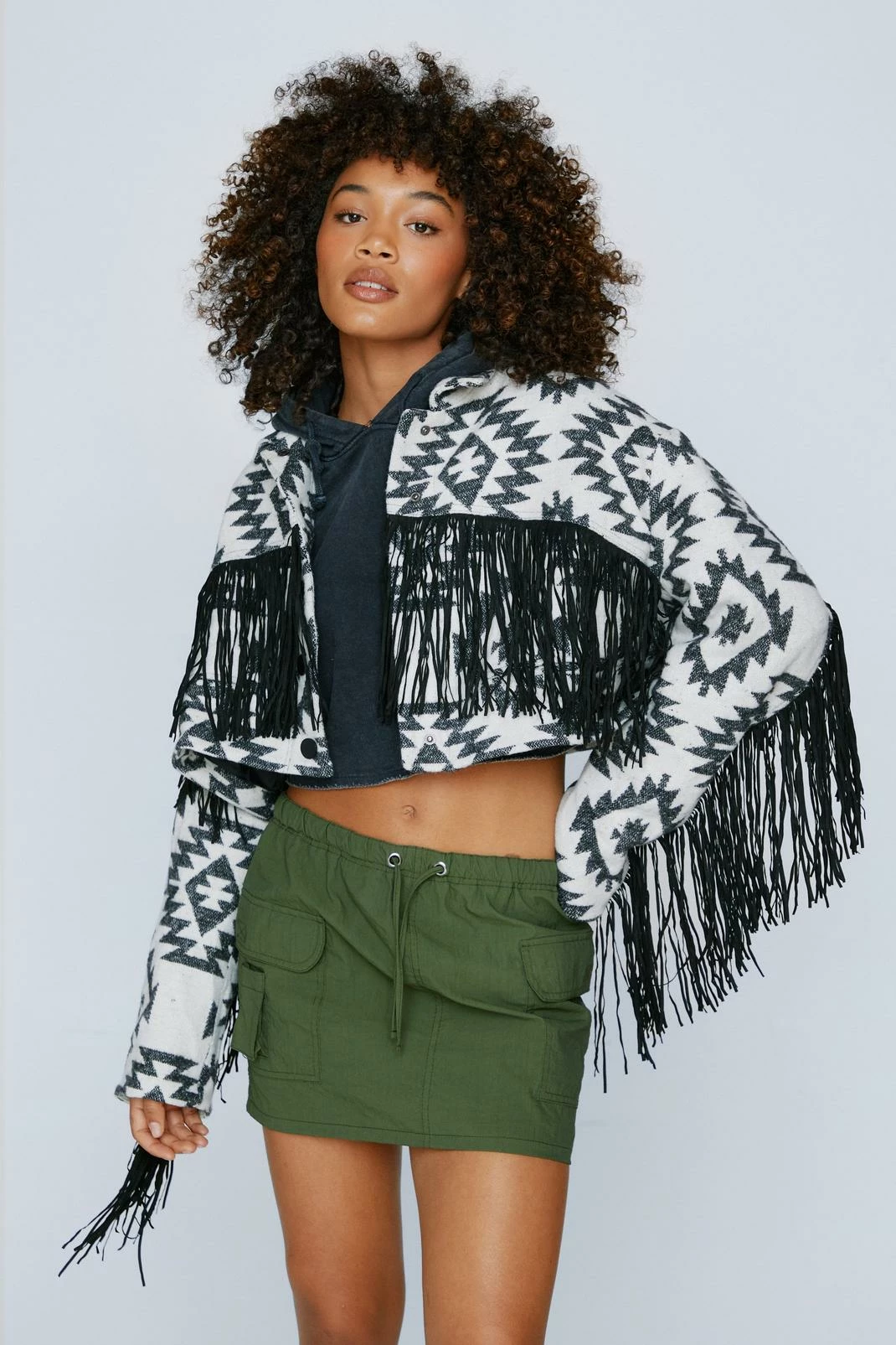 Premium Aztec Cropped Fringe Detail Shacket 2 Premium Aztec Cropped Fringe Detail Shacket - Image 2