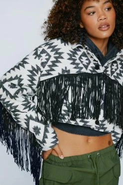 Premium Aztec Cropped Fringe Detail Shacket 6 Premium Aztec Cropped Fringe Detail Shacket -Nasty Gal Sales Store Sales womens mono premium aztec cropped fringe detail shacket 2