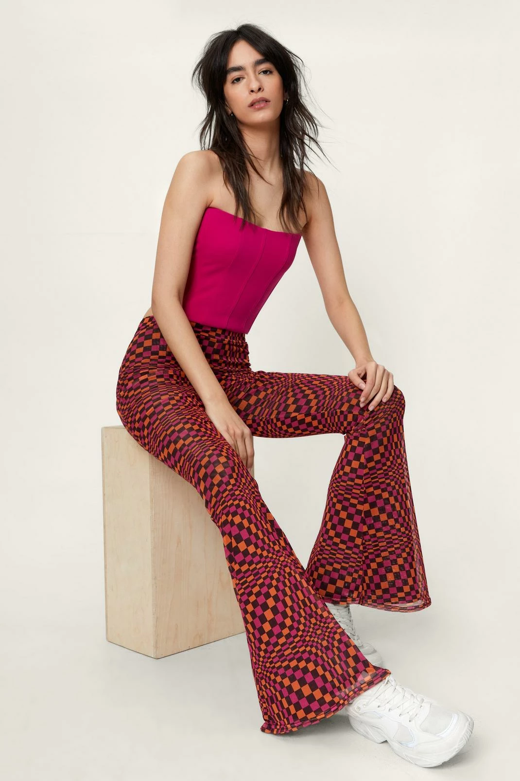 Abstract Check Print Mesh Flared Pants 2 Abstract Check Print Mesh Flared Pants - Image 2