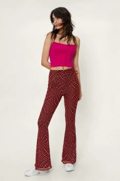 Abstract Check Print Mesh Flared Pants